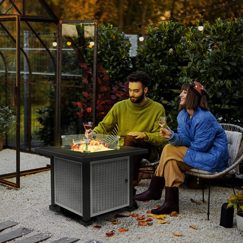 50000 BTU - Square Propane Gas Smokeless Fire Pit Table with Glass Screen - Grey / Black