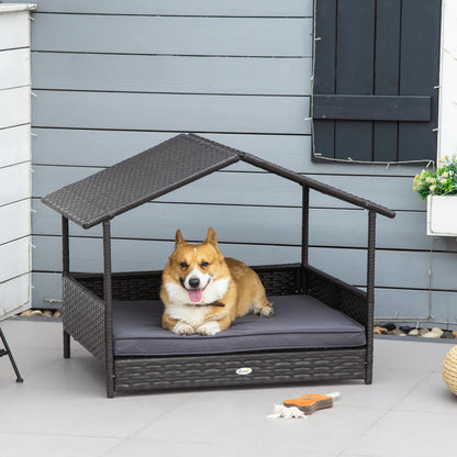 Rattan Dog Bed with Roof Canopy Sun Protection and Removable Cushion - Dark Brown / Grey