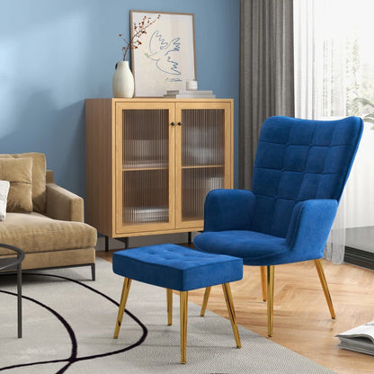 Velvet Wingback Modern Armchair with Footstool Chair with Steel Legs - Blue