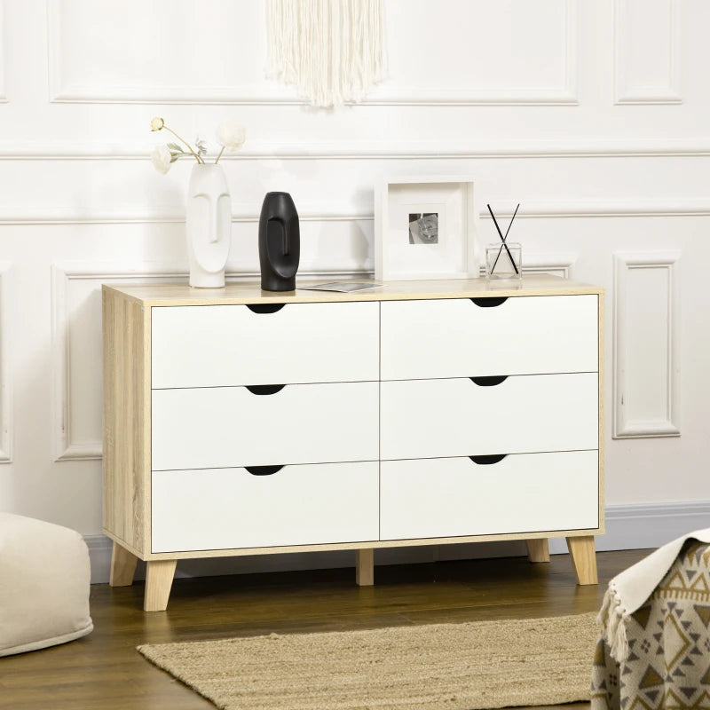 Wide Two-Tone White and Natural Wood Chest of Drawers with 6-Drawers and Open Style Handles