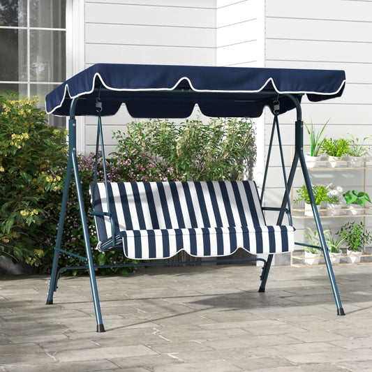 3-Seater Swing Chair with Adjustable Overhead Sun Protection Canopy - Blue / White Stripe