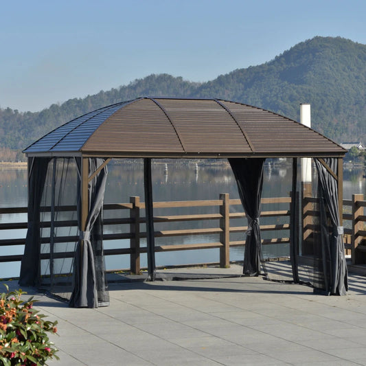 (398L x 298W cm) Steel/Aluminium Hardtop Gazebo with Double Lined Curtains - Dark Grey / Bronze (Lights not Included)