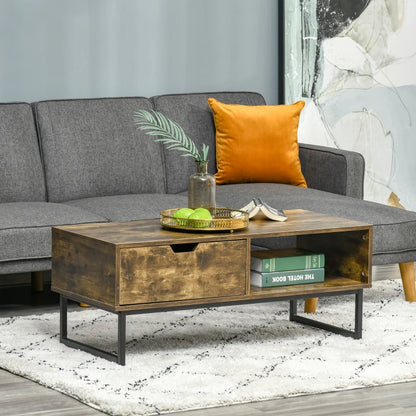 Rustic Style Coffee Table with Storage Shelf, Drawer and Metal Frame