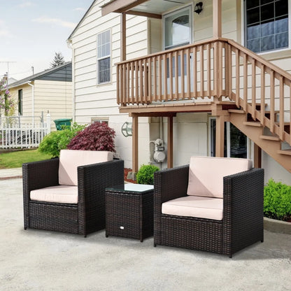 2-Seater Rattan Sofa Armchairs - Bistro Set with Cushions and Table - Brown / Beige