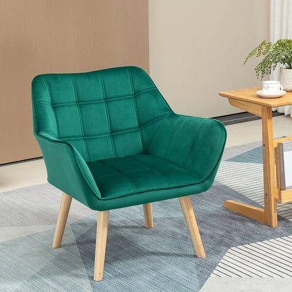 Wide Slanted Back Armchair with Padded Cushion, Iron Frame & Wooden Legs - Emerald