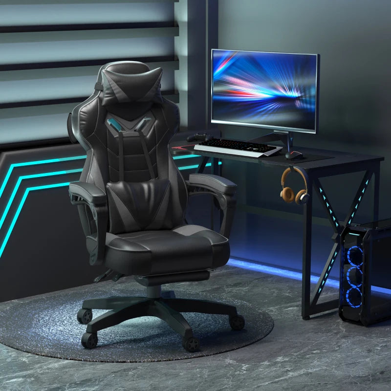 Computer Gaming Chair with Lumbar Support and Footrest - Grey / Black