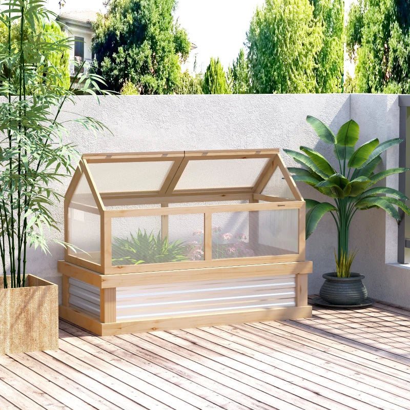 Raised Garden Bed with Greenhouse with Wooden Frame and Corrugated Sheet Surrounding