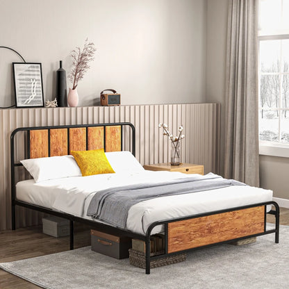 Farmhouse Style King Size Bed Frame with Steel Slat Support and Rustic Wood Panels