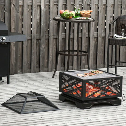 2 in 1 - Firepit / Grill with Grill Shelf, Lid and Poker - 66 x 66 x 66cm