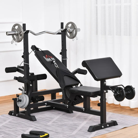 Multi-Exercise Bench with Bench Press, Leg Curl, Chest Fly, Preacher Curl and Resistance Band (Barbell and Weights not Included)