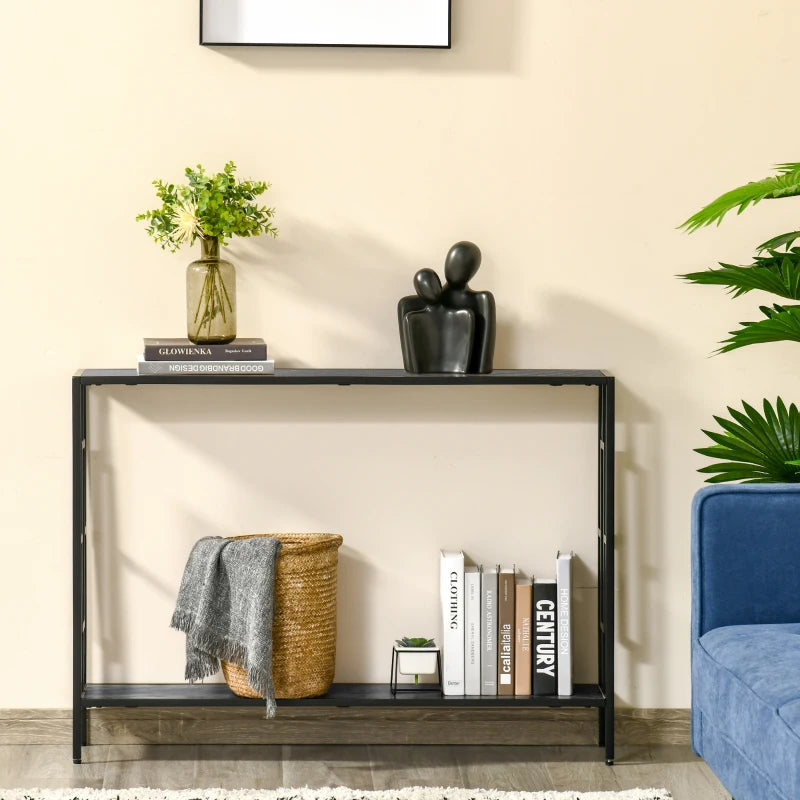 Industrial Style Slim Side Console Table with Metal Frame - Black