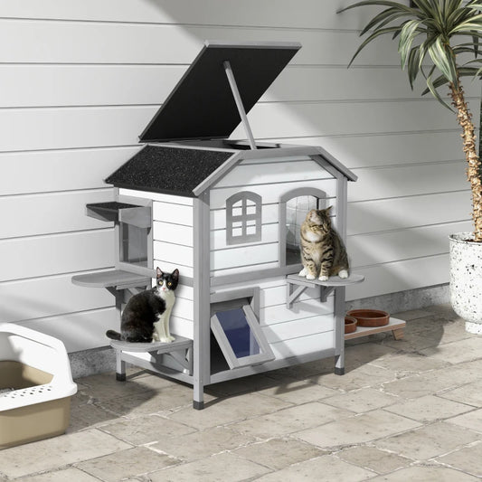 2-Story Cat Mansion with Openable Roof, Jumping Platforms and Front Door - White