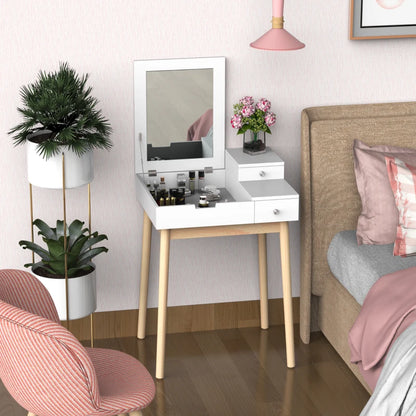 Flip Up Mirror Dressing Table with 3-Drawer Storage and Two-Tone White and Pine