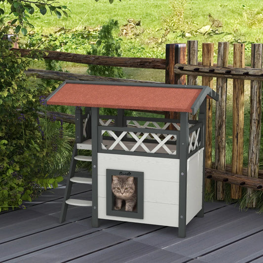 Cat House with Roofed Balcony Area & Stairs and Under House - White