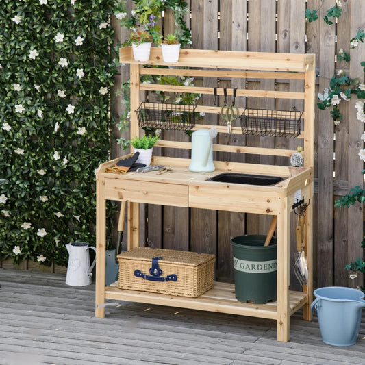 Potting Bench Table with Top Shelf, Metal Sieve Screen, Removable Sink and Lined Backboard