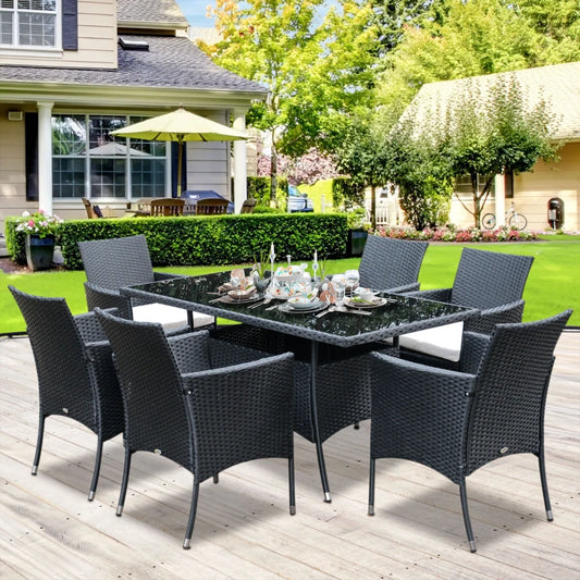 7 Piece - Rattan Dining Set with 6 Cushioned Armchairs and Rectangular Glass Top Table