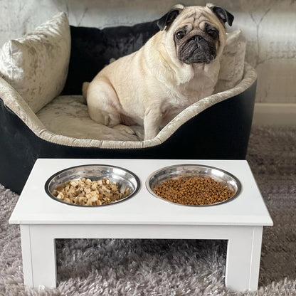 Raised Wooden Feeder with 2 Stainless Steel Bowls for Extra Small and Small Dogs - White