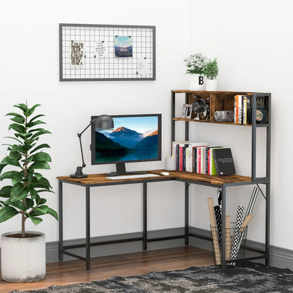 L-Shaped Industrial Style Office Desk with Storage Shelf