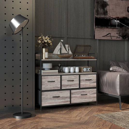 Rustic Chest of Drawers with Black Frame and Grey Fabric Drawers with Wood Effect