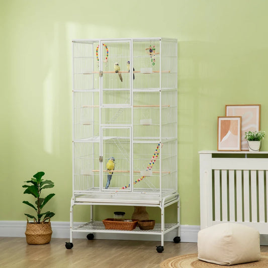 3-Tier Bird Cage with Stand, Wheels, Toys, Ladders, Accessories and Underneath Storage