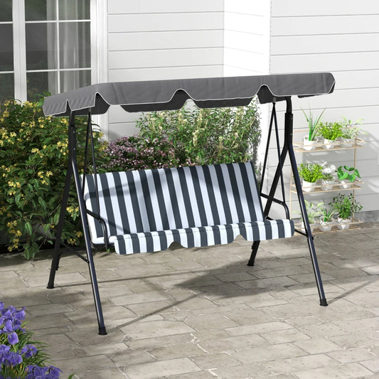 3-Seater Swing Chair with Adjustable Overhead Sun Protection Canopy - Grey / White Stripe