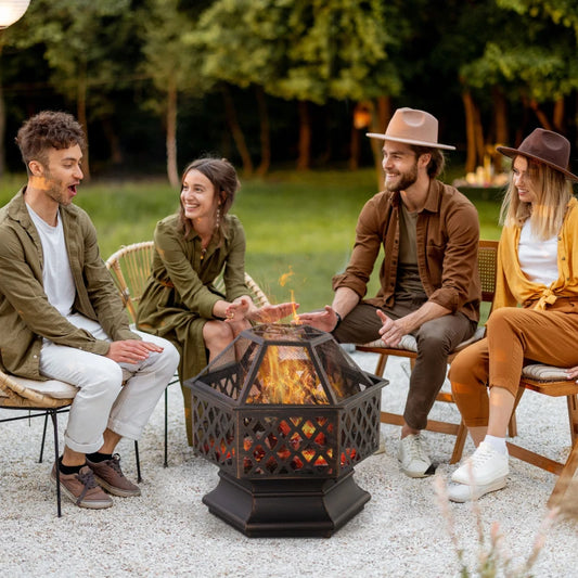 Hexagonal Pyramid Design - Portable Bonfire Firepit Bowl with Poker and Mesh Lid