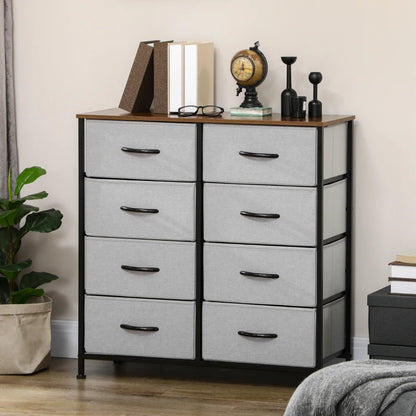 Steel Frame - Chest of Drawers with 8 Fabric Drawers and Wooden Top