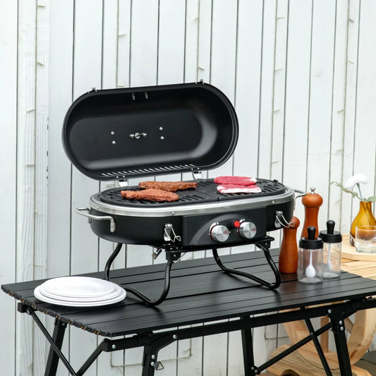 Table Top Foldable Gas BBQ Grill with 2 Burners and Lid