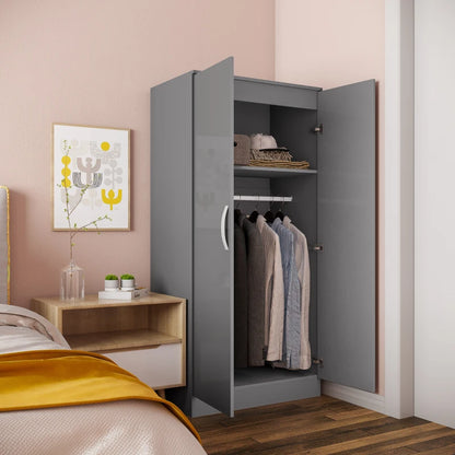 High Gloss Grey 2-Door Wardrobe with Hanging Rod and Storage Shelf