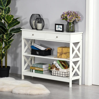 Side Console Table with Open Style Shelving and 2-Drawers - White