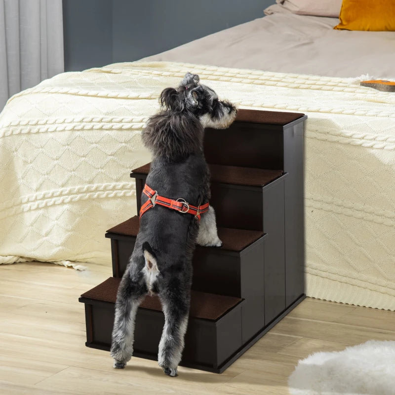 Wooden 4-Step Pet Stairs / Ladder with Anti Slip Carpet Mats - Dark Wood Effect