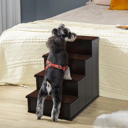 Wooden 4-Step Pet Stairs / Ladder with Anti Slip Carpet Mats - Dark Wood Effect