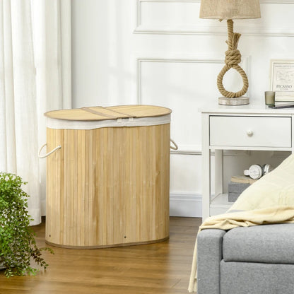 100L - Dual Section Lights & Darks - Bamboo Laundry Hamper with Removable Washing Lining - Natural Wood