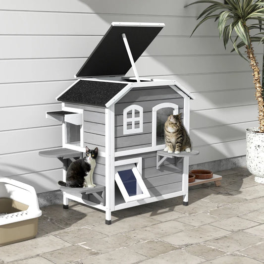 2-Story Cat Mansion with Openable Roof, Jumping Platforms and Front Door - Grey