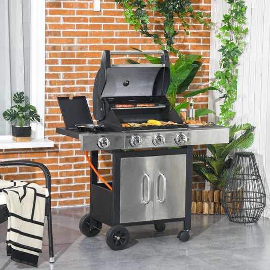 3 Burner Gas Grill + 1 Side Burner Stove Top with Side Shelf and Underneath Storage