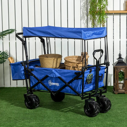 Folding Trolley Cart - Storage Wagon with Canopy & Handle - Blue