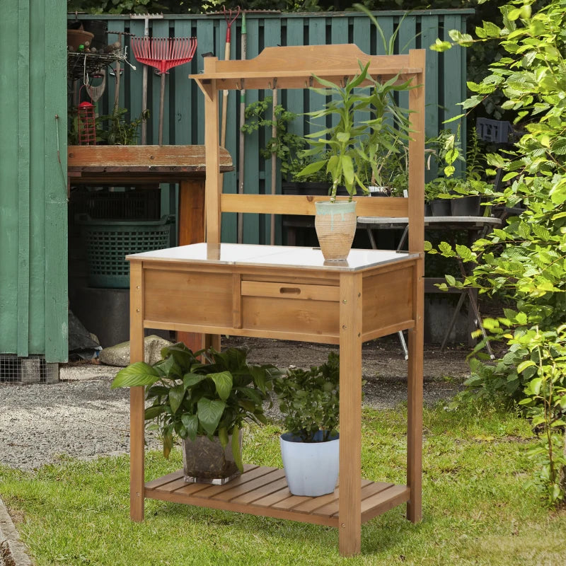 Wooden Potting Bench Table with Galvanised Metal Worktop, Sieve Screen, Shelf and Hooks