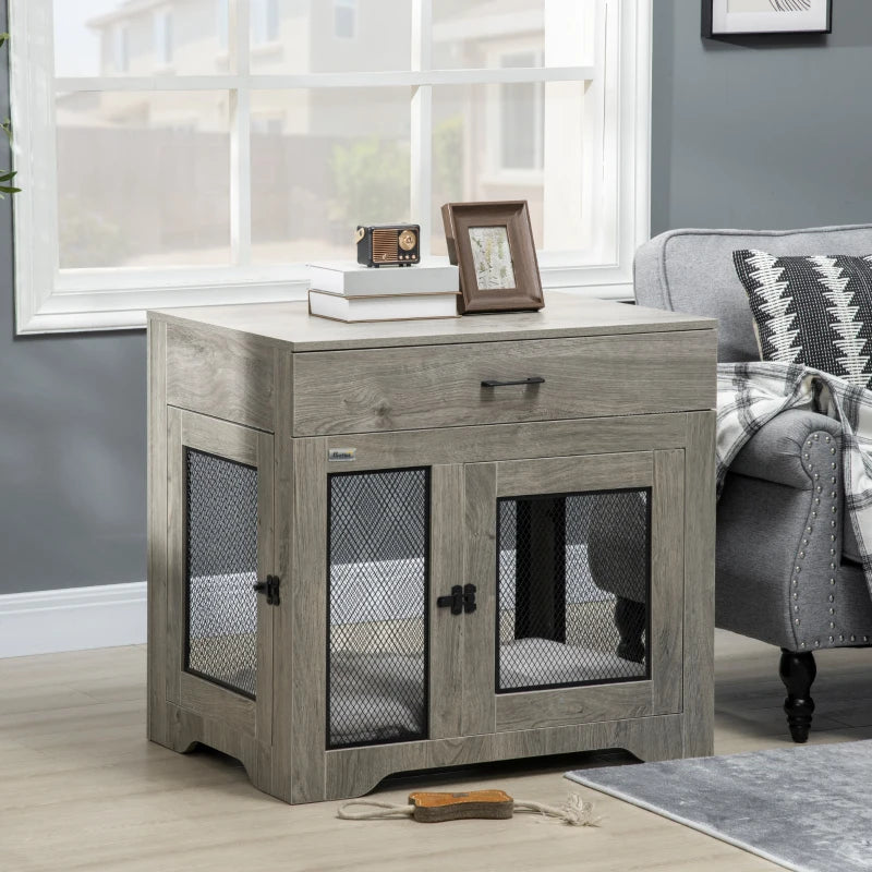 End Table Dog Crate with Pull Out Drawer and Top Table for Medium Dogs