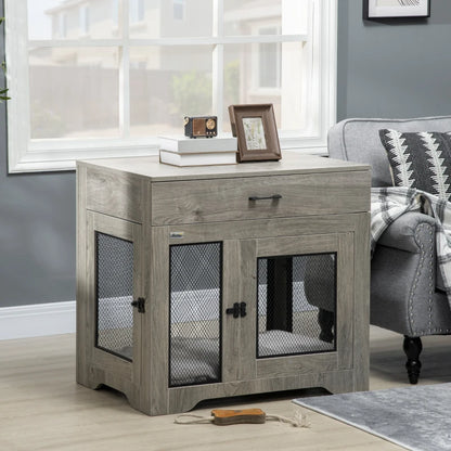 End Table Dog Crate with Pull Out Drawer and Top Table for Medium Dogs