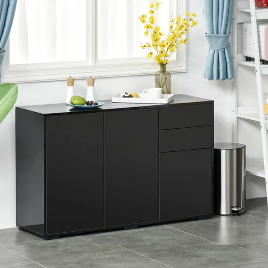 High Gloss Push-Open Design Storage Cabinet with Large & Small Cupboard and 2 Flatbed Drawers - Black