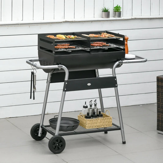 4-Tier Double Side Grill Top Charcoal Grill / BBQ Trolley with Side Table and Underneath Storage Shelf