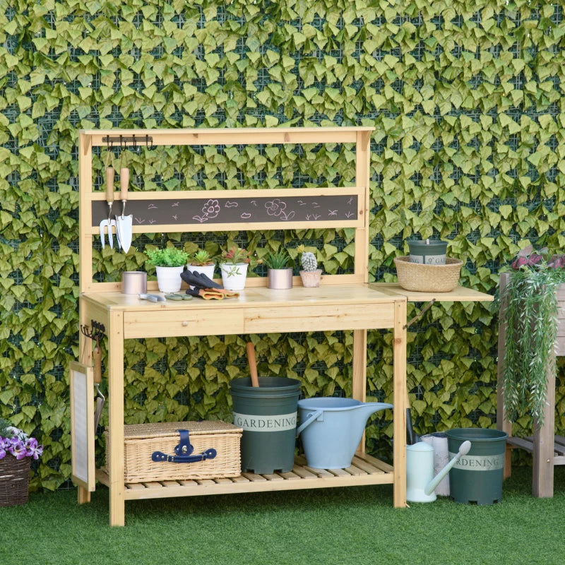 Wooden Potting Bench with Side Table, Chalkboard, Multi-Storage, Metal Sieve Screen and Hidden Sink