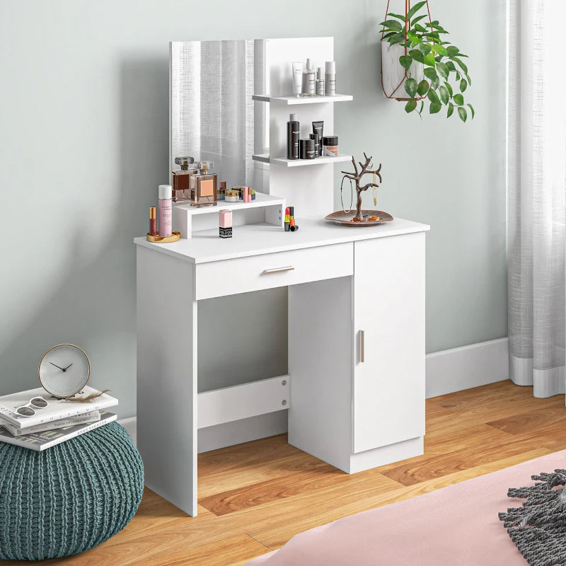 Vanity Mirror Dressing Table with Open Style Shelving and 2-Storage Sections - White