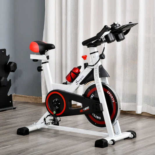 Indoor Cycling Exercise Bike with Adjustable Resistance and Large Phone / Tablet Holder (8kg Flywheel) - White / Red