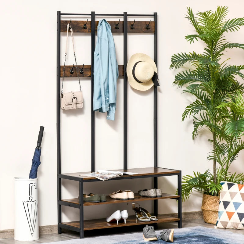 Large Industrial Style Coat Rack with 12 Hooks and 3-Tier Storage Shelving / Bench