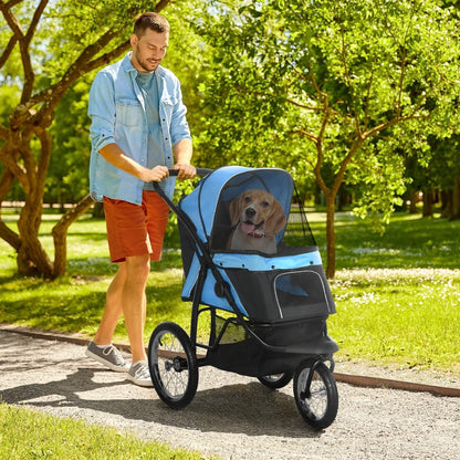 Pet / Dog Stroller - Buggy Pram with Three Wheels, Canopy and Under Netting Storage Compartment - Blue