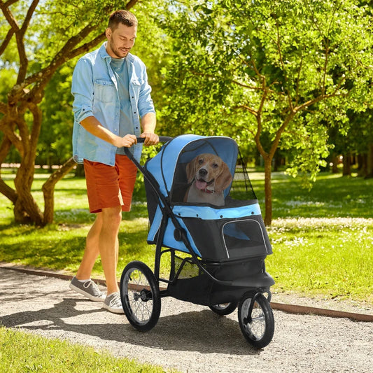 Pet / Dog Stroller - Buggy Pram with Three Wheels, Canopy and Under Netting Storage Compartment - Blue