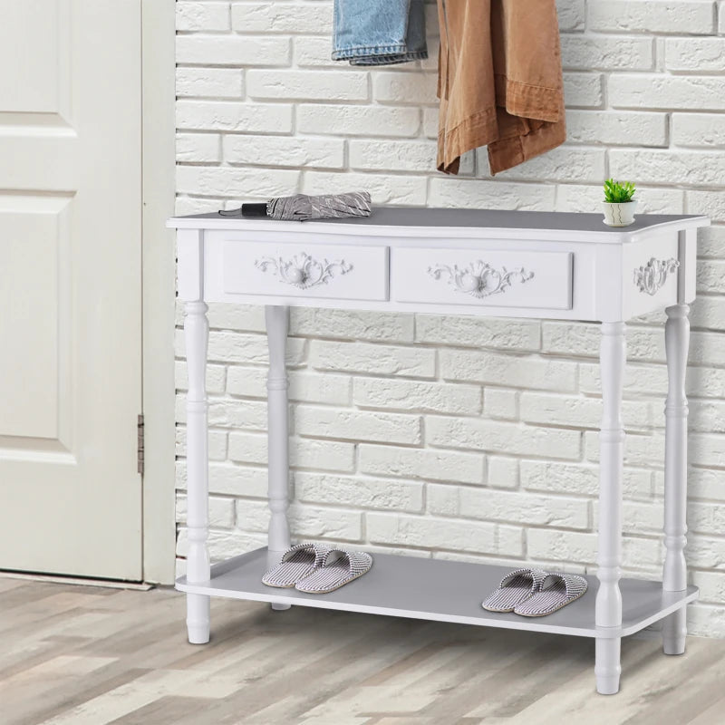 Traditional Style Patterned Side Console Table with 2 Storage Drawers and Underneath Display Shelf