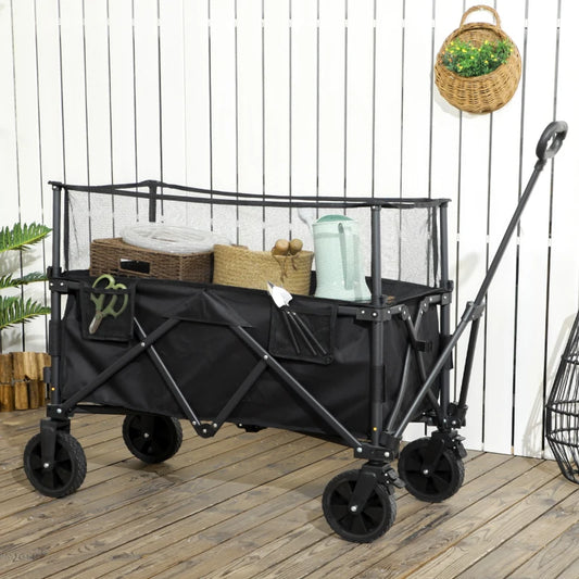 180 Litre - Folding Garden Trolley with Extendable Mesh Side Wall Surrounding - Black