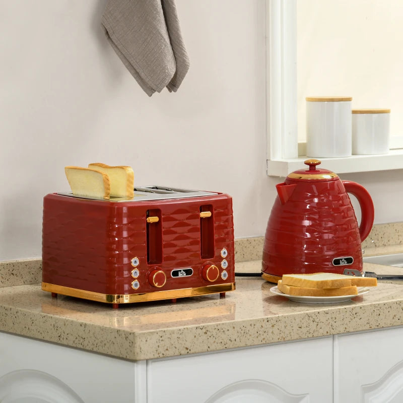 Kettle (1.7L) and Toaster Set with 7 Browning Controls and Crumb Tray (4 Slice) - Red / Gold